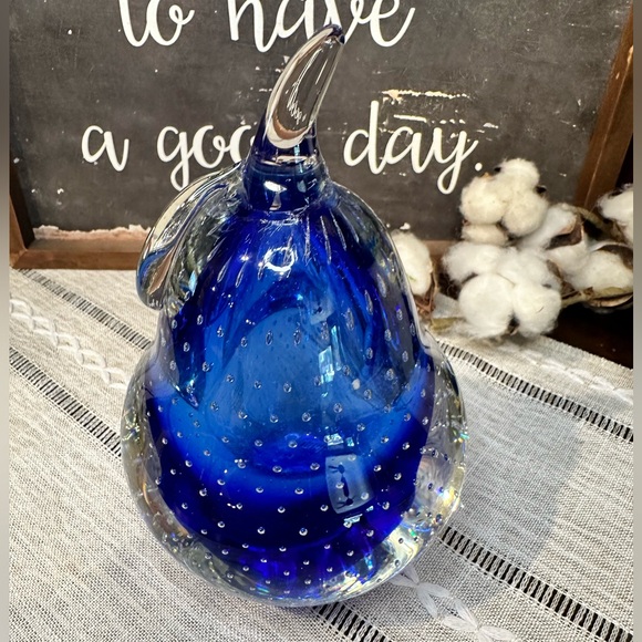 Art Glass Paperweight Cobalt Blue Pear structure paperweight Stunning!!